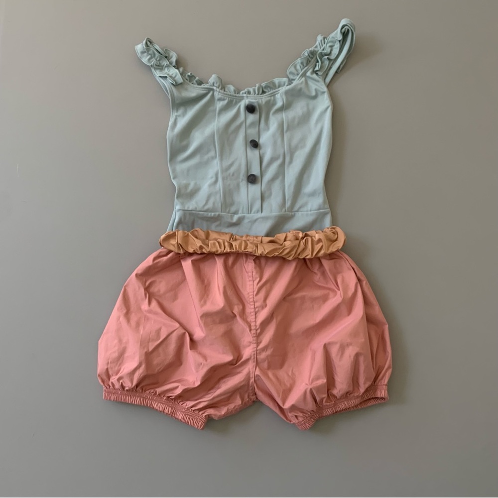 Ruffle trim leotard + parachute shorts